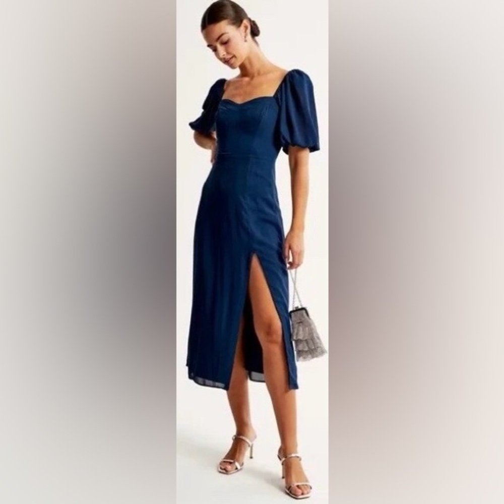 NWT A&F Camille Navy Blue Puff Sleeve Midi Dress XSP